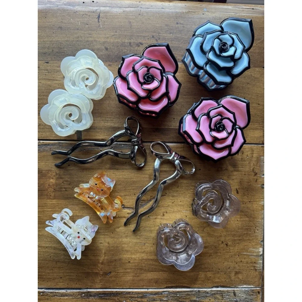 12pc Hair Clip Bundle Rose Enamel Claw Clip Cat Bow Stick Pin Coquette Kawaii